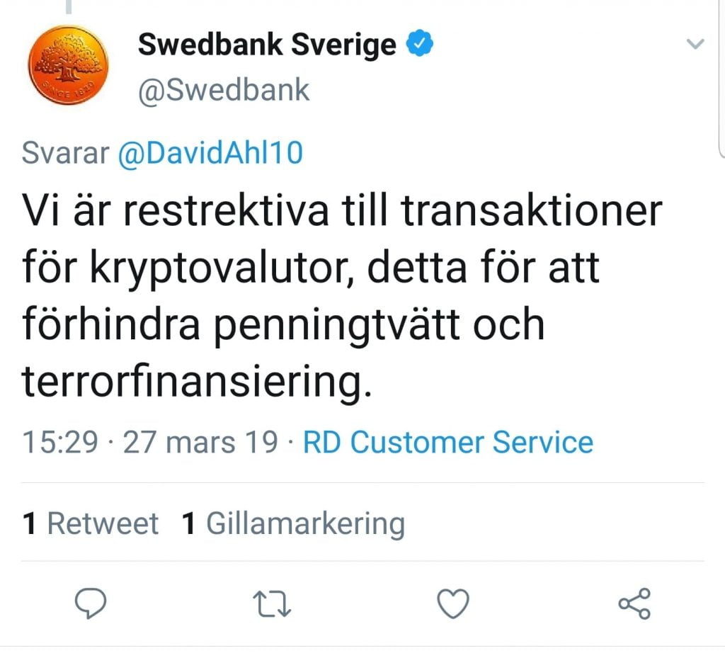 Bitcoin (BTC) Above $4,000 But Swedbank is now restrictive to Crypto
