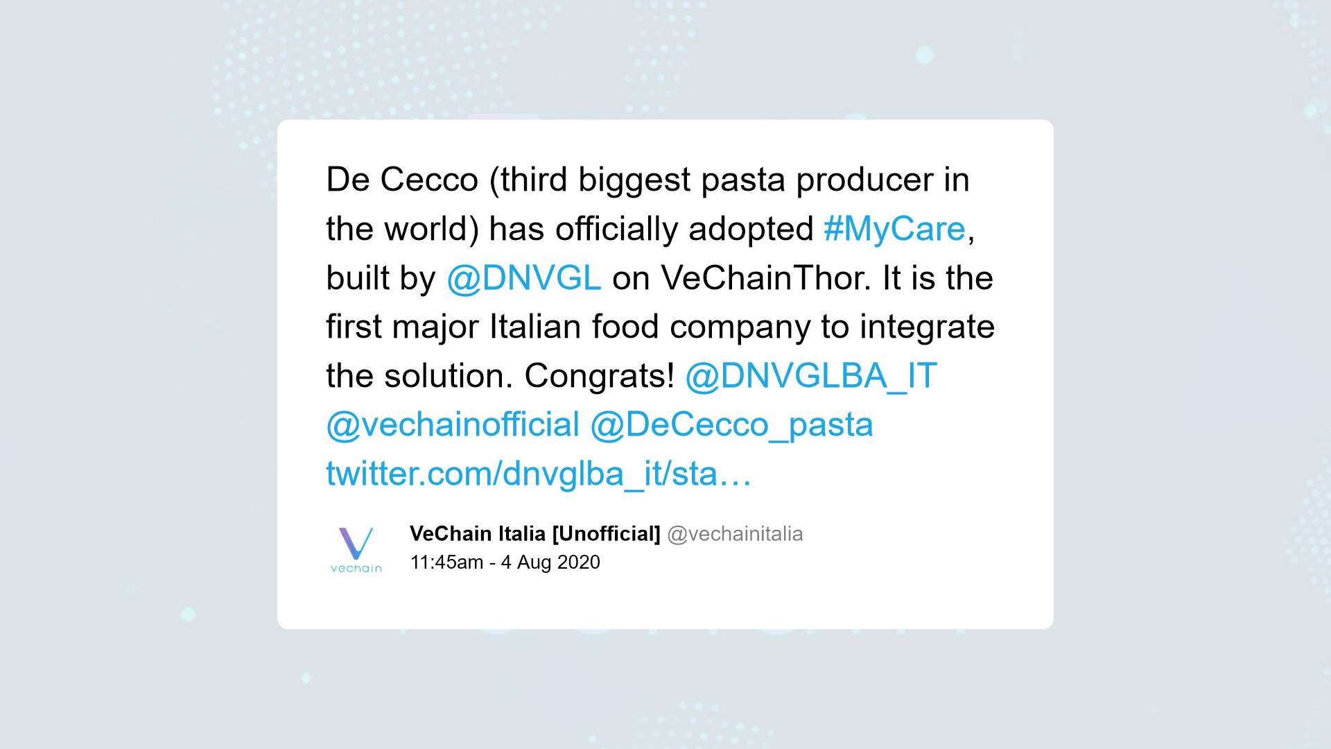  pasta becomes care vechain producer cecco italy 