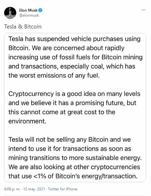 Tesla deja de aceptar Bitcoin como medio de pago.
