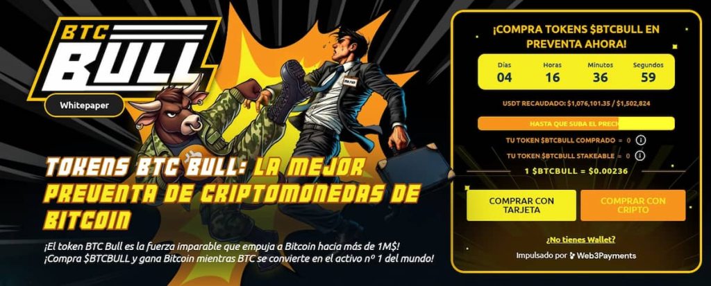 La preventa de BTCBULL, la mejor memecoin para ganar Bitcoin, ya supera el millón de dólares