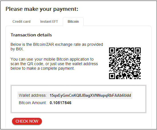 PayFast Bitcoin Option Screen