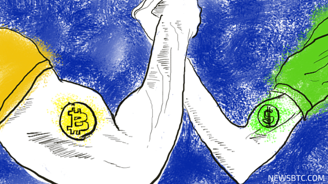 bitcoin price. bitcoin vs dollar. illustration arm wrestling. newsbtc bitcoin news