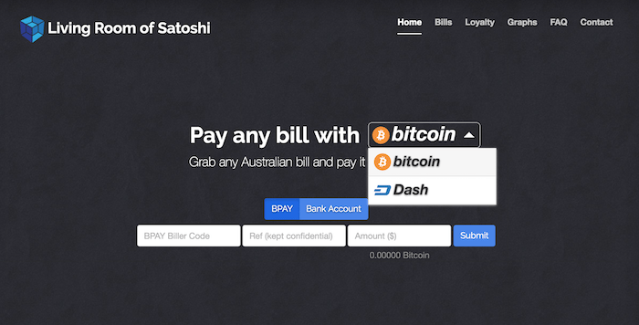 living room of satoshi, dash, bitcoin, utility bills