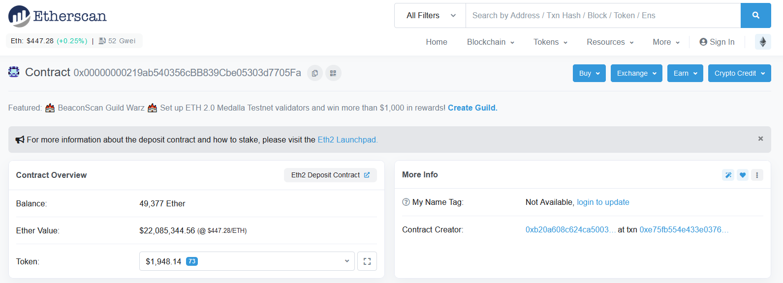 Etherscan of Ethereum mainnet deposit contract address