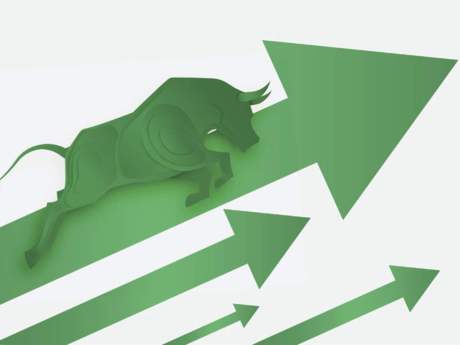 Picture of a green bull with green arrows pointing upwards