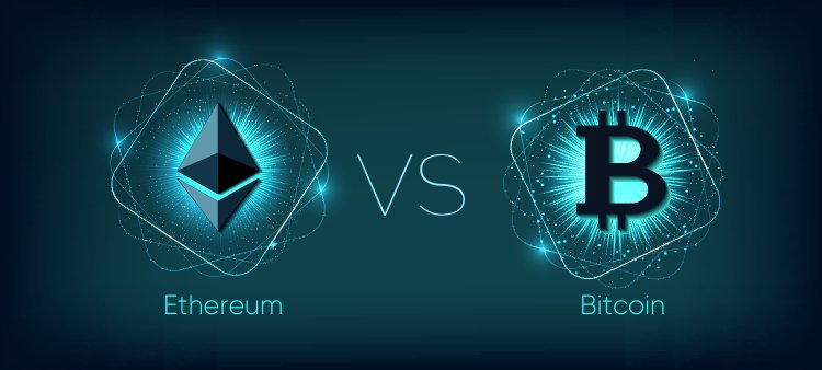 Ethereum and bitcoin symbols with versus written in the middle of them