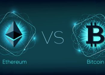 Ethereum and bitcoin symbols with versus written in the middle of them