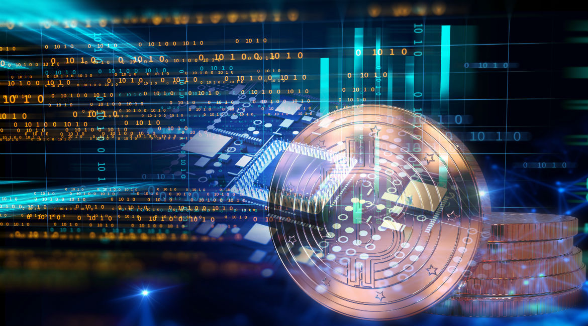 Picture of a bitcoin with a circuit board and binary numbers around it