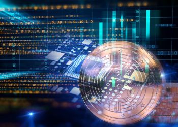 Picture of a bitcoin with a circuit board and binary numbers around it