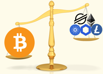 Picture of a scale with bitcoin on one end and altcoins on the other, depicting BTC dominance