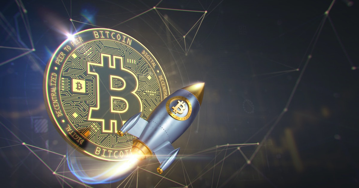 Picture of a bitcoin with a flying rocket in front of it