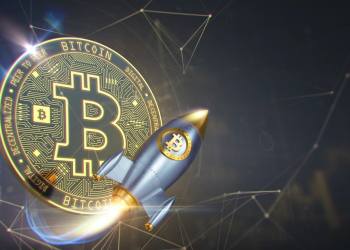 Picture of a bitcoin with a flying rocket in front of it