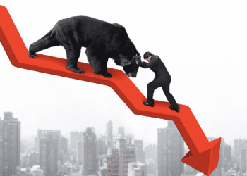 picture of a bear coming down a red downward arrow and a man trying to put the bear back up