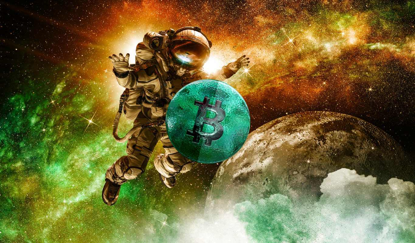 Picture of an astronaut in space with a green bitcoin in front of him, depicting SpaceX holding bitcoin
