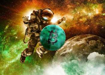 Picture of an astronaut in space with a green bitcoin in front of him, depicting SpaceX holding bitcoin