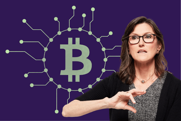 Picture of Cathie Wood, Ark Invest CEO, with a bitcoin logo with circuit lines going out of it behind her