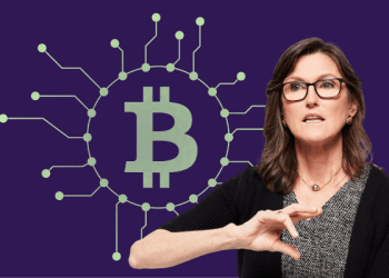 Picture of Cathie Wood, Ark Invest CEO, with a bitcoin logo with circuit lines going out of it behind her