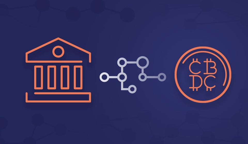 Drawing of a bank like the european central bank with a circuit image depicting a connect to a cbdc