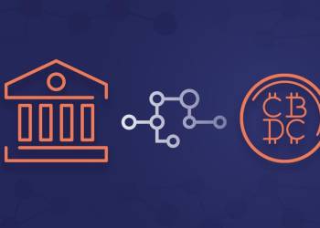 Drawing of a bank like the european central bank with a circuit image depicting a connect to a cbdc