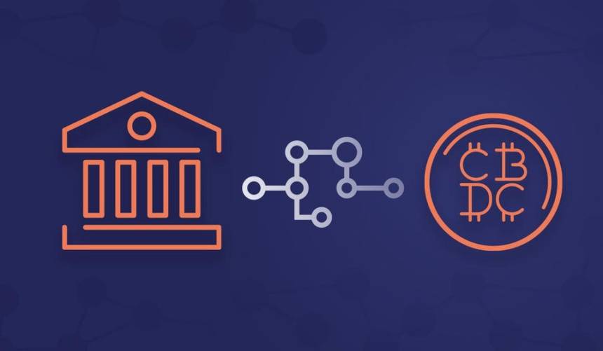 Drawing of a bank like the european central bank with a circuit image depicting a connect to a cbdc