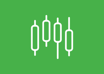 Four white crypto candlesticks on a green background
