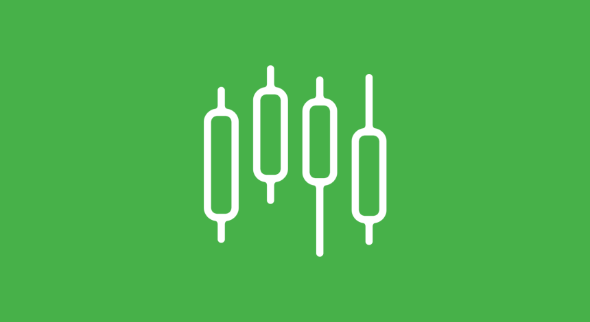 Four white crypto candlesticks on a green background