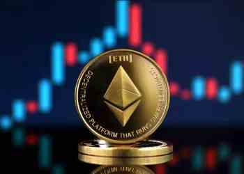 An ethereum coin standing in front of a candlestick chart