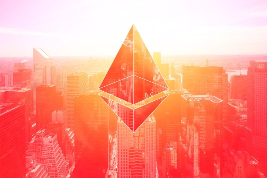 Picture of an ethereum symbol above a city with a red hue