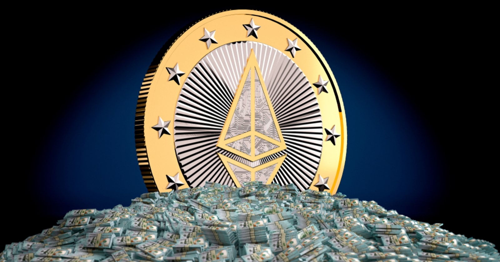 Picture of a giant Ethereum coin standing in a heap of U.S. dollars