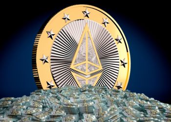 Picture of a giant Ethereum coin standing in a heap of U.S. dollars