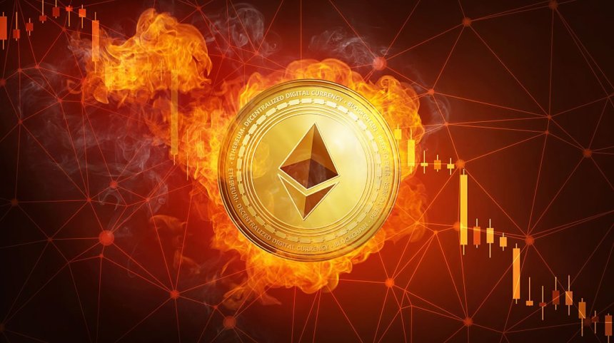 Picture of an ethereum coin on fire with downward candlestick chart behind it
