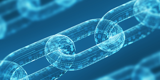 Three diagonal digital chains on a blue background