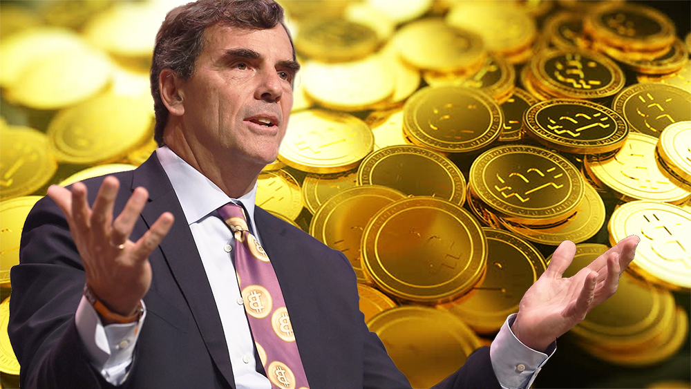 Picture of Tim Draper with bitcoins behind him