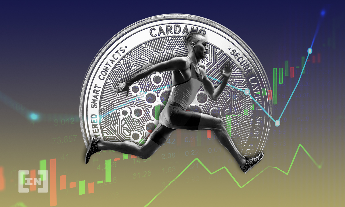 Picture of a sprinter running on an upward green arrow, with a Cardano coin in the background