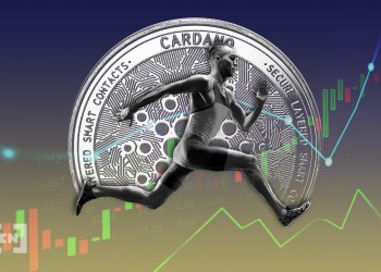 Picture of a sprinter running on an upward green arrow, with a Cardano coin in the background