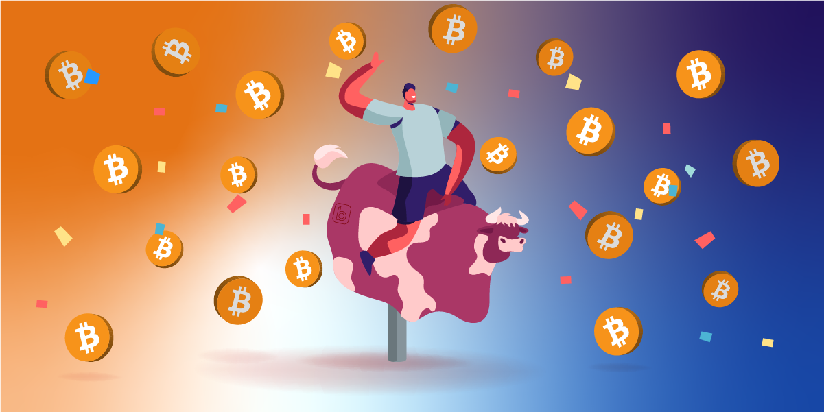 Picture of an animated person riding an animated bull, with bitcoins raining down