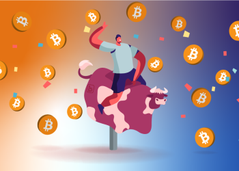 Picture of an animated person riding an animated bull, with bitcoins raining down