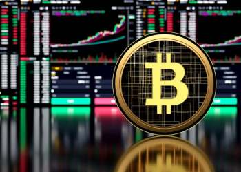 Picture of a bitcoin standing in front of various market charts