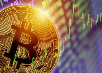 picture of a bitcoin with upwards candlestick chart behind it