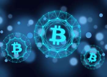 Picture of bitcoin logos in light blue bubbles