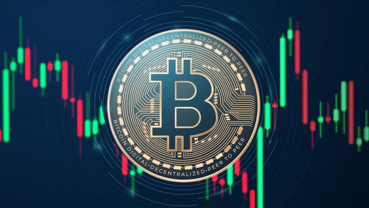 Picture of a bitcoin with red and green candlesticks behind it