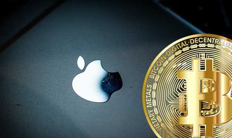 Picture of a gold bitcoin next to an Apple device, depicting Coinbase adding Apple Pay