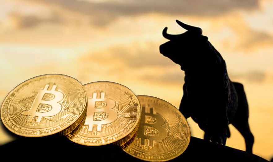 Picture of three bitcoins in front a shadowy bull figure standing on a cliff