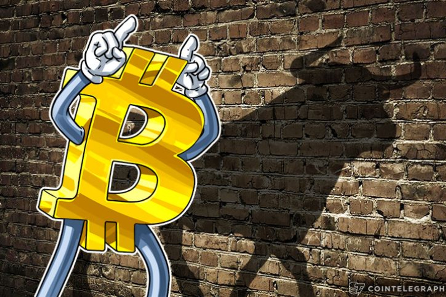 picture of a bitcoin with two fingers on its head, casting the shadow of a bull on the wall