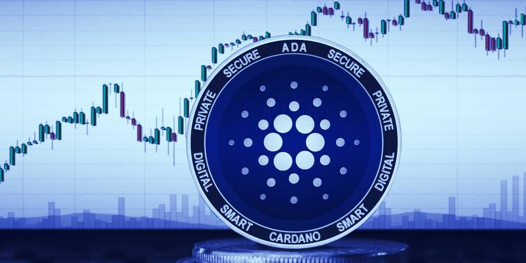 Picture of a Cardano coin standing in front of a candlestick price chart