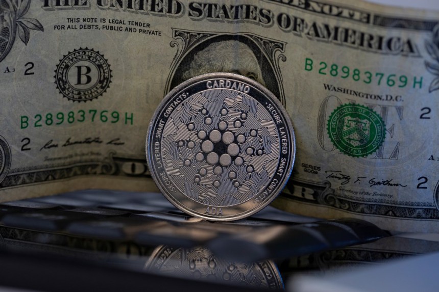 Picture of a Cardano coin standing in front of a U.S. dollar bill