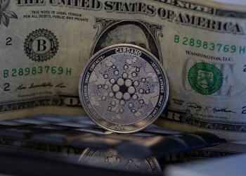Picture of a Cardano coin standing in front of a U.S. dollar bill