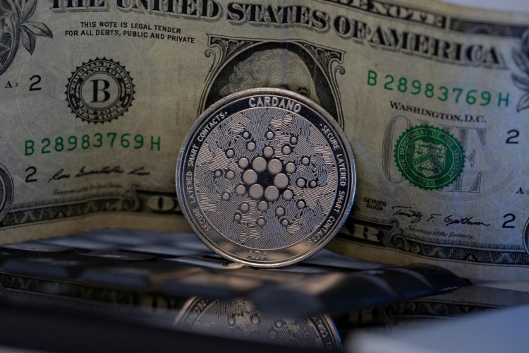 Picture of a Cardano coin standing in front of a U.S. dollar bill