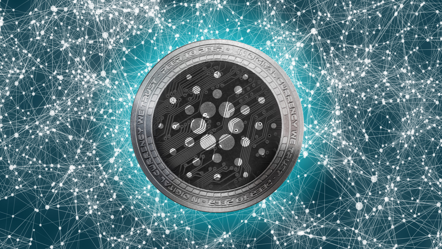 Picture of a Cardano coin in the center of interconnected dots across the world