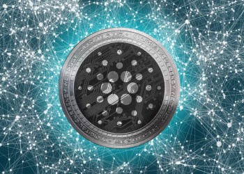 Picture of a Cardano coin in the center of interconnected dots across the world